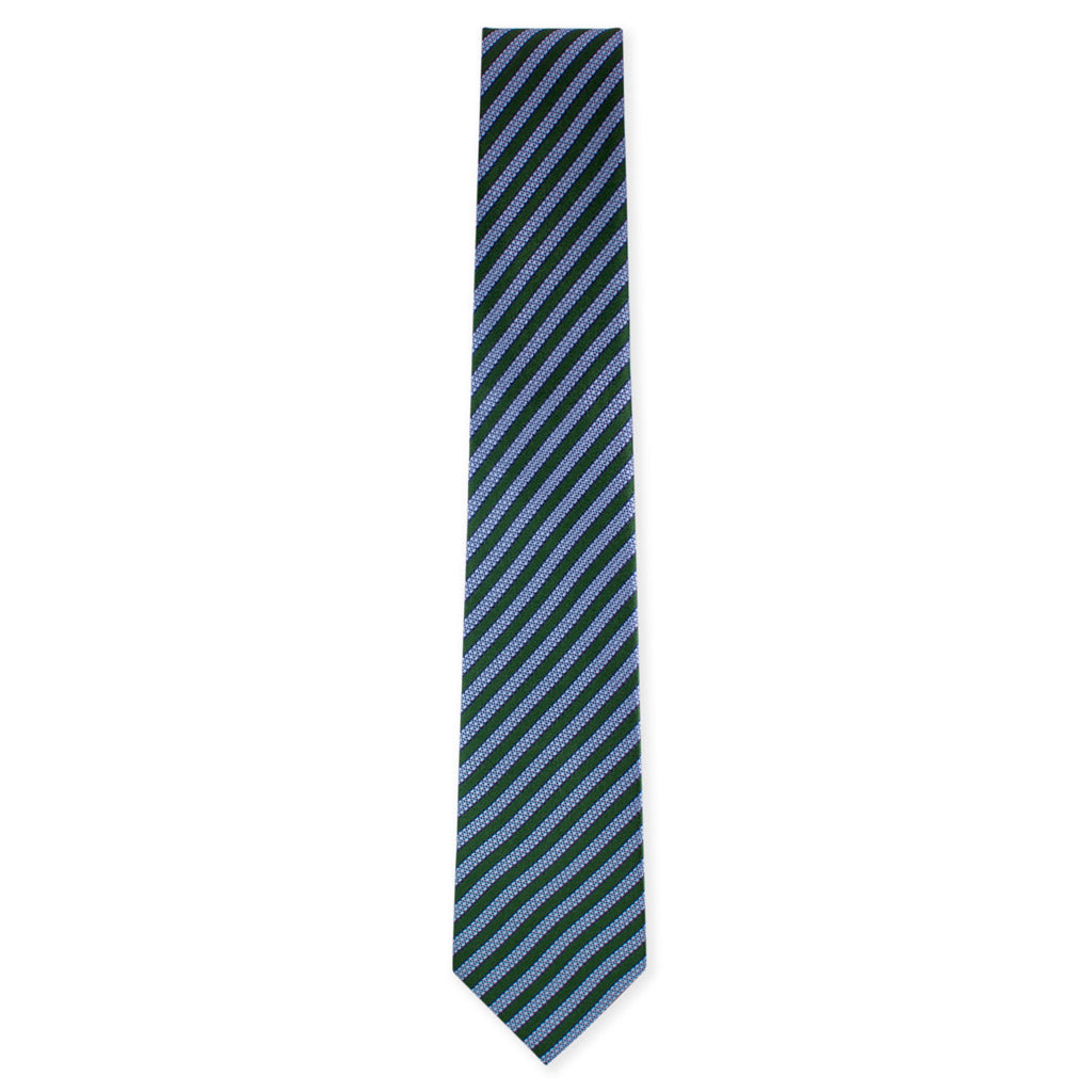 Green with blue stripe tie. Made in Como, Italy