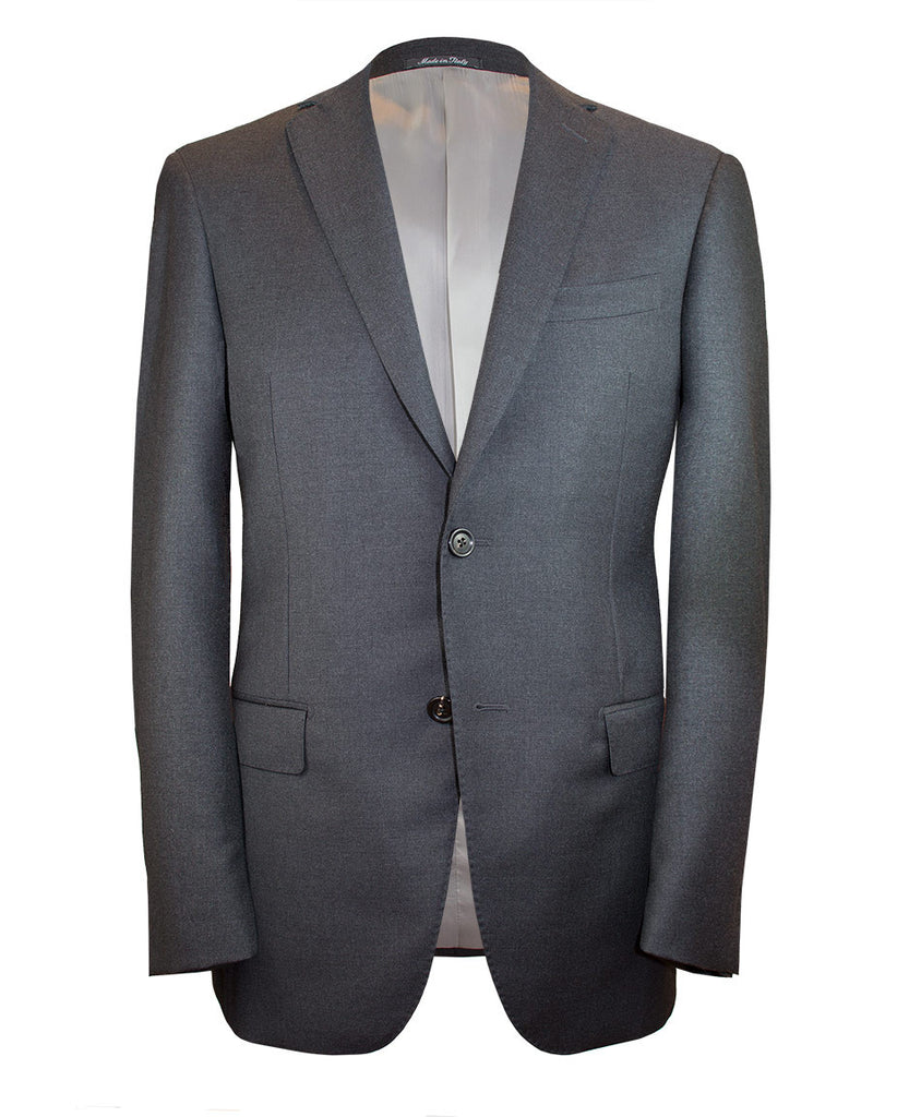 Two button charcoal grey suit. Made in Italy and fully canvassed.